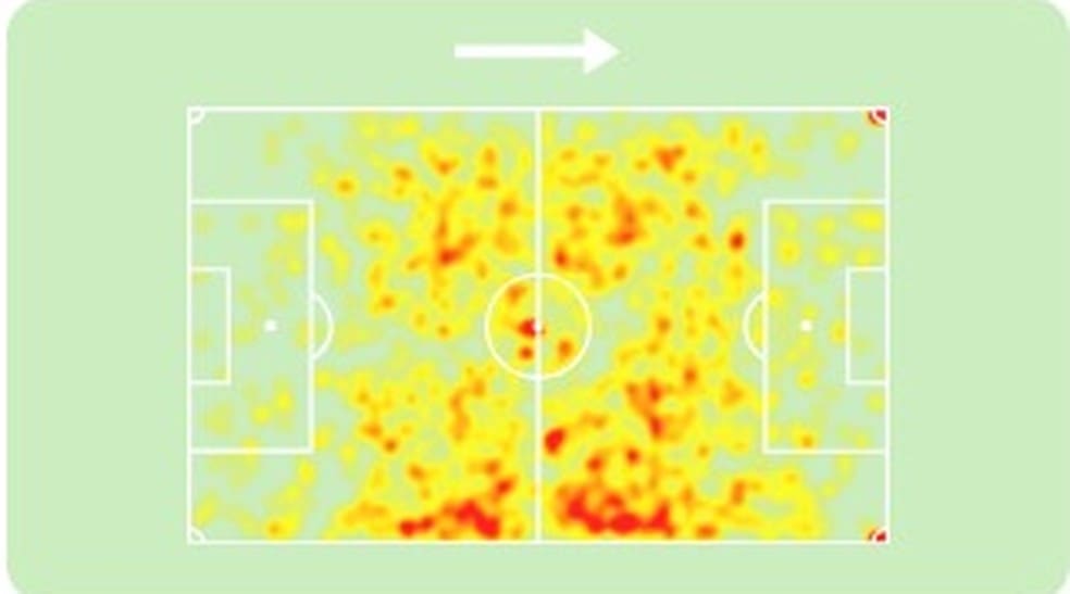 Mapa de calor do meia Maxime Dominguez na temporada passada pelo Gil Vicente, novo reforço do Vasco