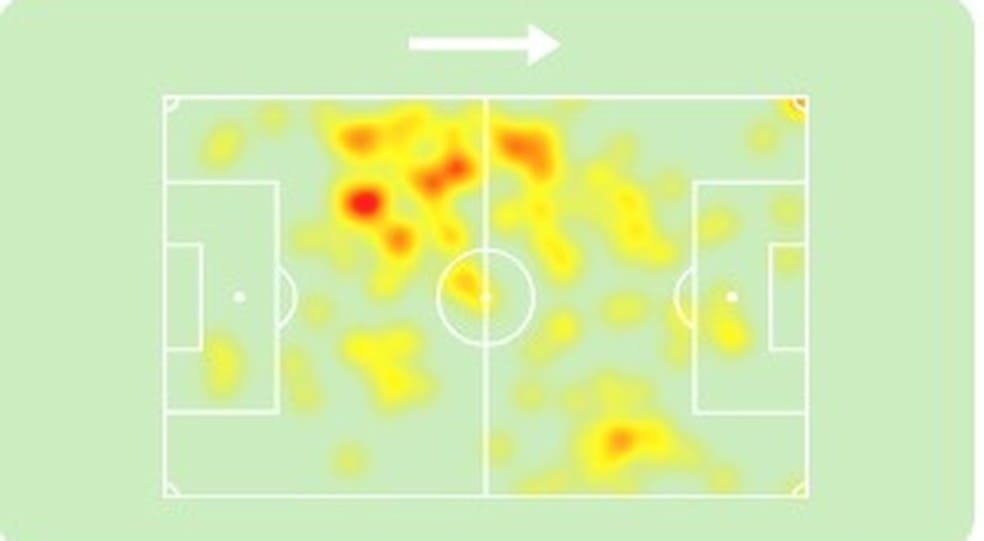 Mapa de calor do meia Maxime Dominguez na atual temporada pelo Gil Vicente, novo reforço do Vasco.