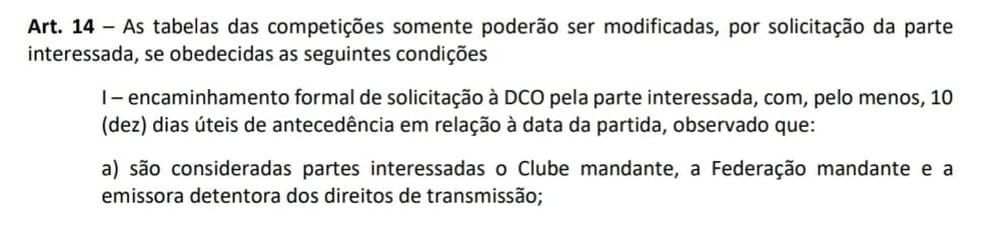 Regulamento da CBF sobre mudança de data de partida — Foto: Reprodução