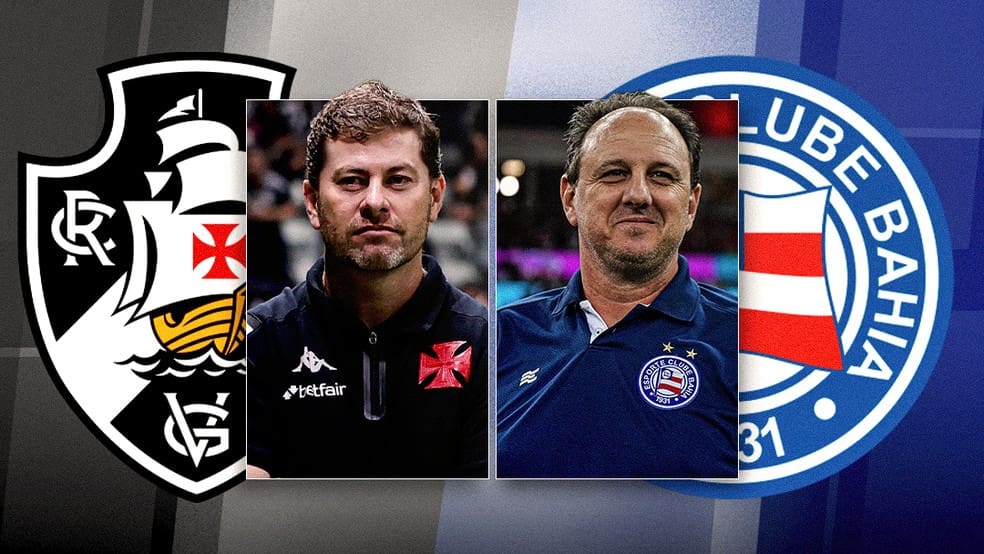 Rafael Paiva, técnico do Vasco, e Rogério Ceni, treinador do Bahia — Foto: Infoesporte / ge