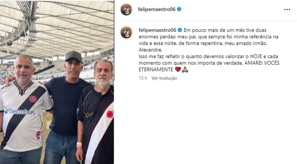 Felipe Maestro, técnico interino do Vasco, faz homenagem ao pai e ao irmão — Foto: Reprodução